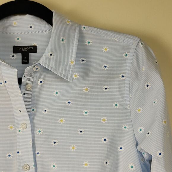 Talbot's Petite Cotton Daisy Print Button Front Long Sleeve Blouse Top - Picture 3 of 10